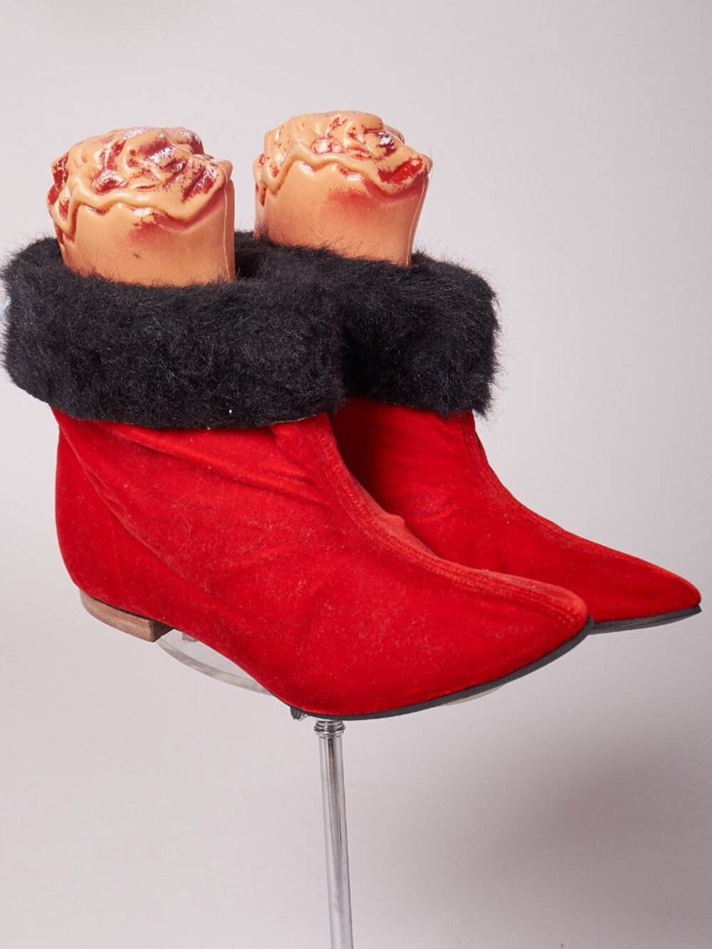 1950s Joyce California Red Velvet and Black Booties Mod Shoes